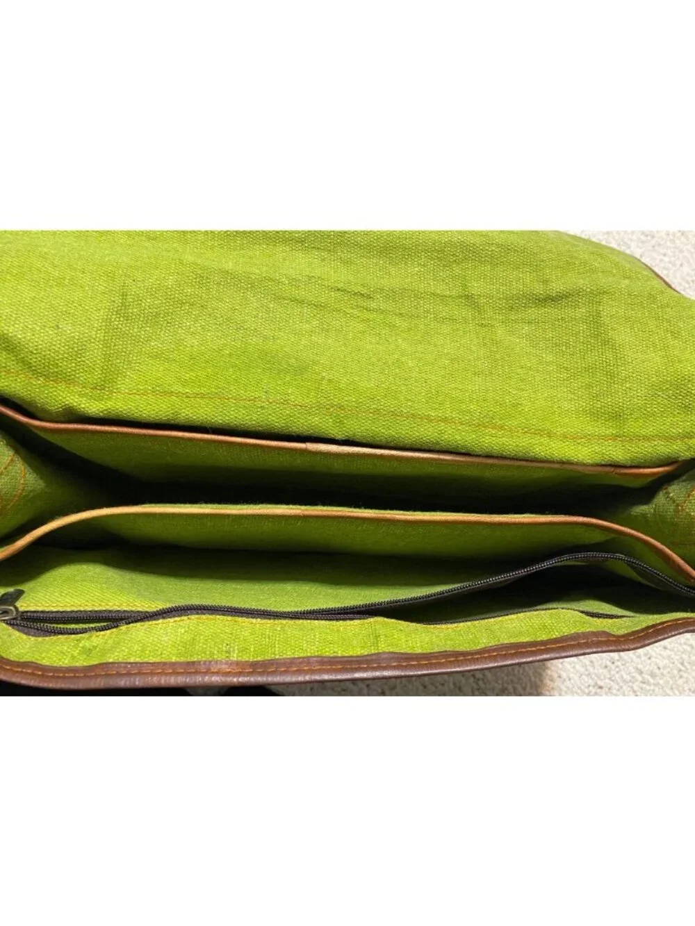 Brown Leather messenger padded laptop bag tote satchel NWOT green zipper NWOT
